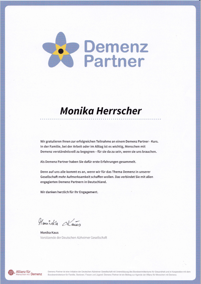 Teilnahmebestätigung Demenz Partner Monika Herrscher