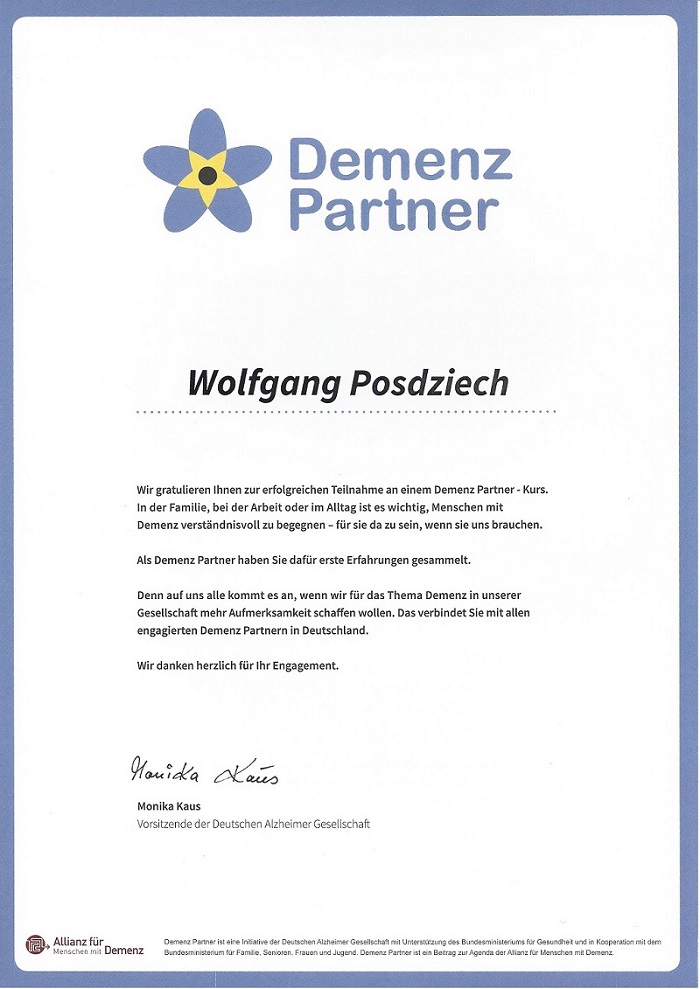 Teilnahmebestätigung Demenz Partner Wolfgang Posdziech.
