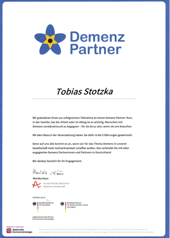Demenz Partner Zertifikat Tobias Stotzka