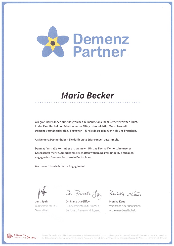 Urkunde Demenzpartner von Mario Becker