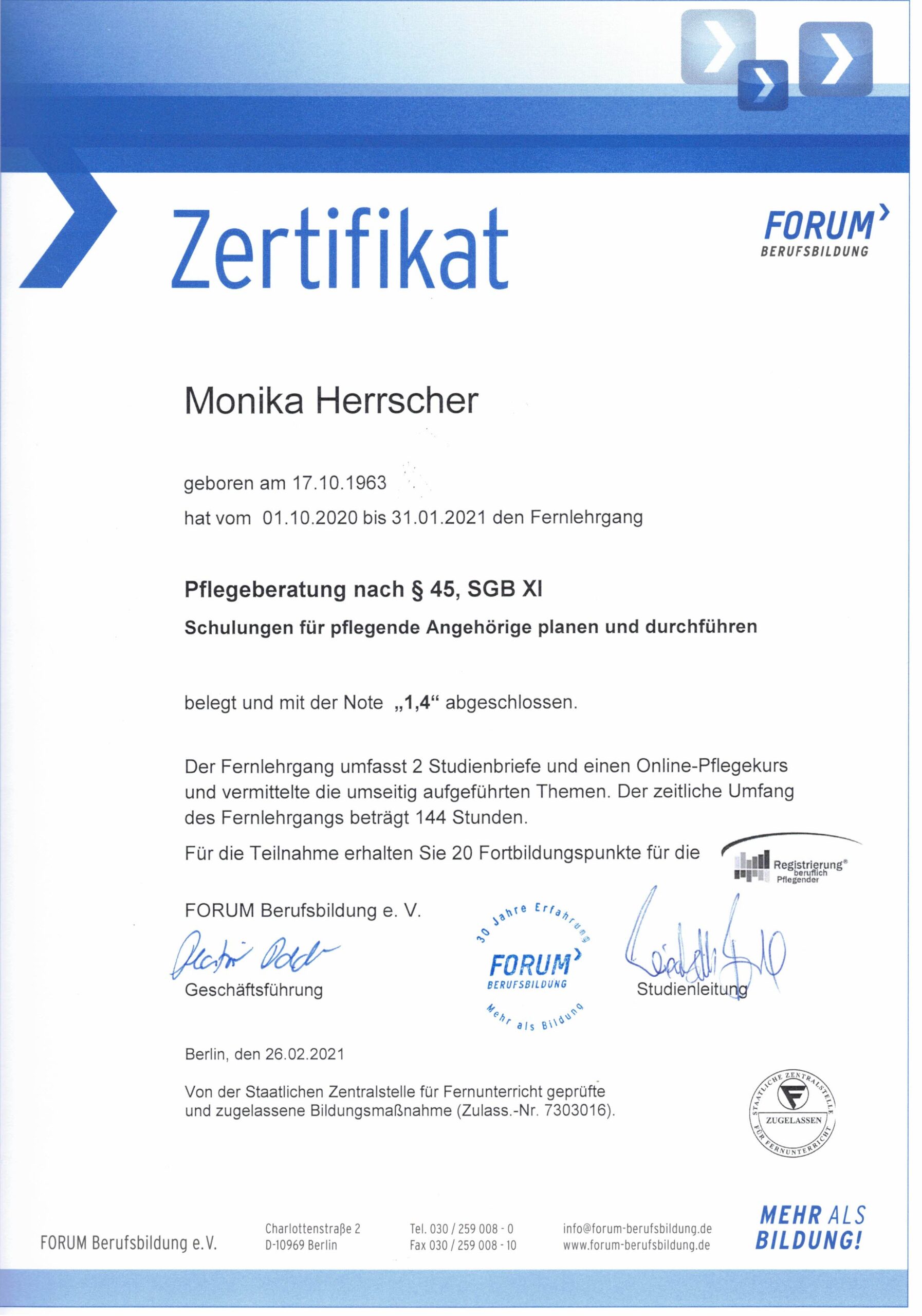 Zertifikat als Pflegeberaterin von Monika Herrscher