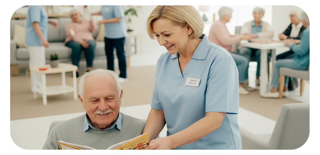 Betreuungskraft hilft Senior beim lesen