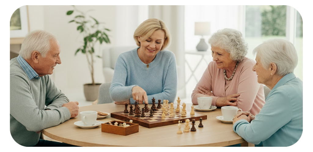 Betreuungsperasonal spielt mit den Senioren Schach